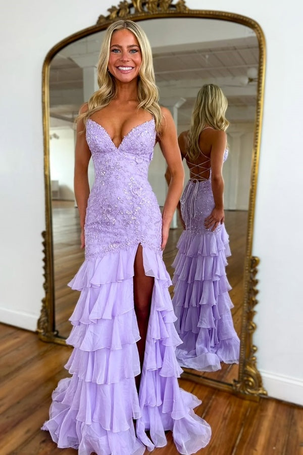 Light Purple Appliques Chiffon Ruffles Spaghetti-Straps Prom Dress ZT0480