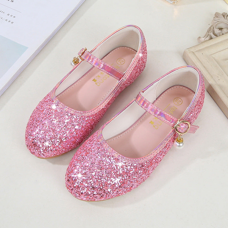 Sparkling Sequins Low Heel Round Toe Minimalist Girl's Shoes with Buckle & Pearl