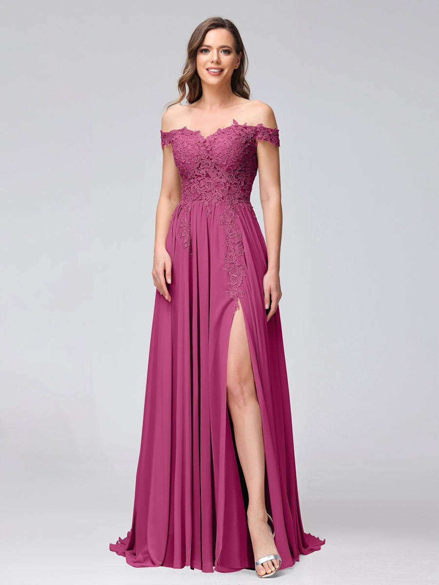 A-Line/Princess Off-the-Shoulder Sleeveless Long Bridesmaid Dresses with Side Slit & Appliqued