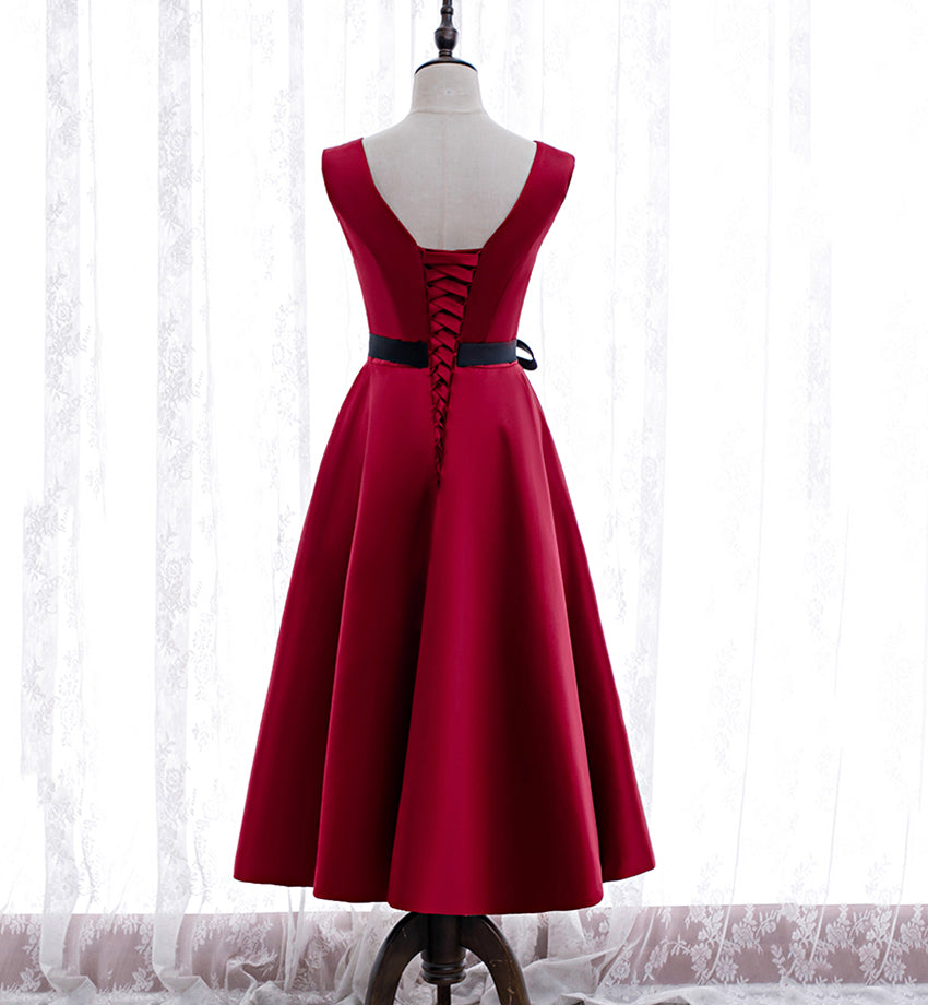 Burgundy v neck satin prom dress homecoming dress  8394