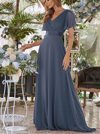 A Line/Princess V Neck Short Sleeves Floor-Length Wedding Guest Dress