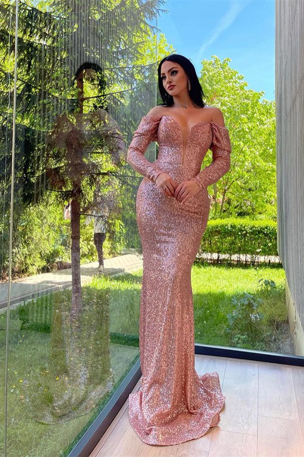 Elegant V-Neck Split Long sleeves Mermaid Prom Dress With Sequins PD0840