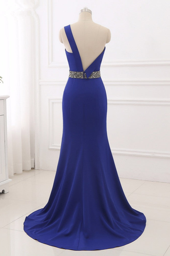 Okdais Royal Blue Prom Dress One Shoulder Mermaid Long Backless Dress With Beads ZP0074