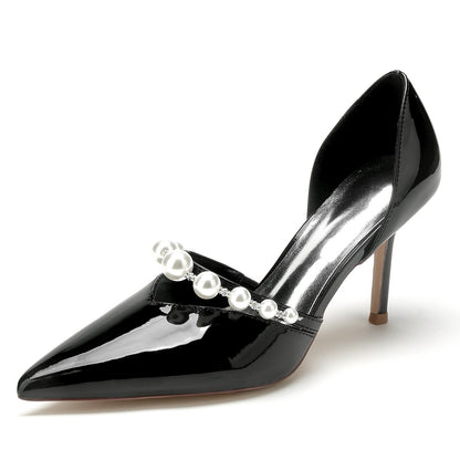 Women's Wedding Shoes Patent Leather Pearl Stiletto Pointed Toe Bridal Shoes