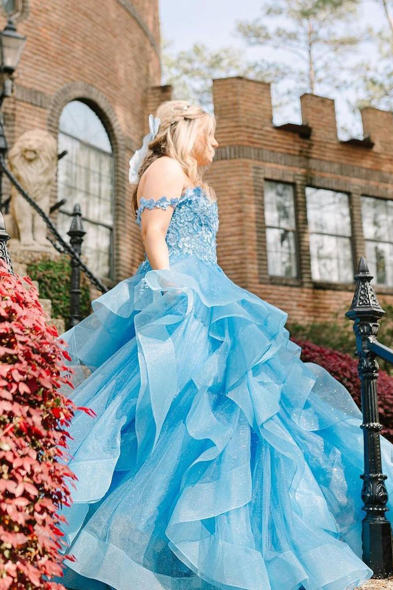 Blue Off the Shoulder Ruffle Tiered Tulle Long Prom Dresses with Appliques