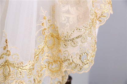 Two-tier Luxurious  Wedding Veil with Golden Lace