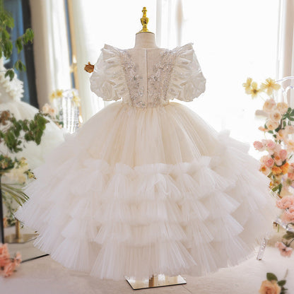 Short Sleeves Ball Gown Layered Girl Party Dresses with Beading Lace Appliques