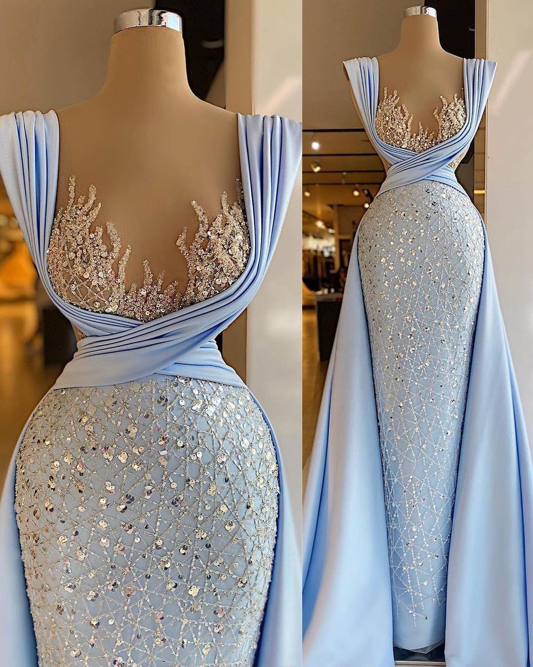 Lovely Luxurious Baby Blue Appliques Neckline Sequins Prom Dress With Long Skirt ZT0152