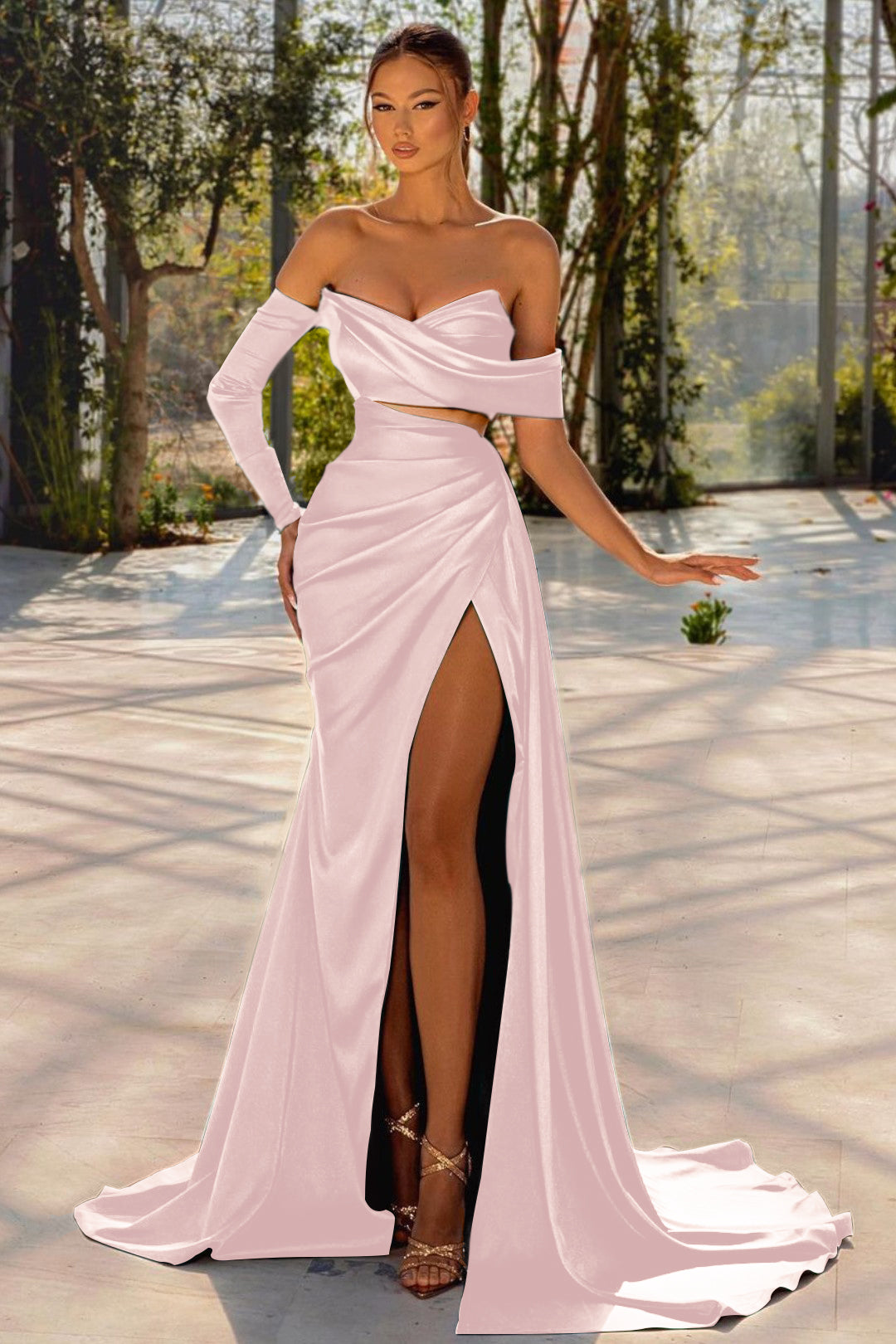 Long Prom Dress Dark Green One Sleeve Off-the-shoulder Pleated YL0180