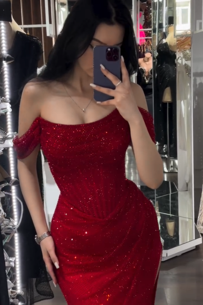 Charming Red Sparkling Off-The-Shoulder Split Strapless Prom Dress ZT0218