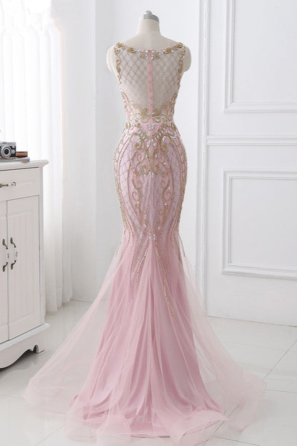 Edgynewlook Pink Jewel Sleeveless Prom Dress Mermaid with Beadings Rhinestone