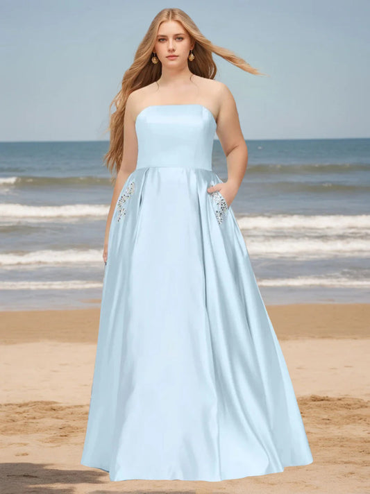 A-Line/Princess Strapless Neck Sleeveless Floor-Length Chiffon Plus Size Bridesmaid Dress