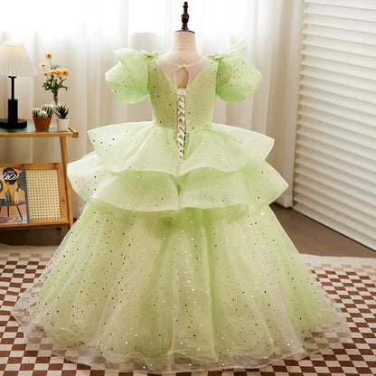 Ball Gown Puffy Short Sleeves Floor Length Girl Party Dress with Crystal Appliques