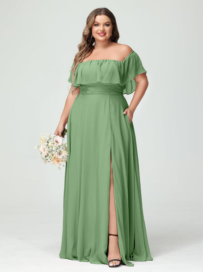 A-Line/Princess Off-the-Shoulder Short Sleeves Chiffon Plus Size Bridesmaid Dresses with Pockets & Split Side