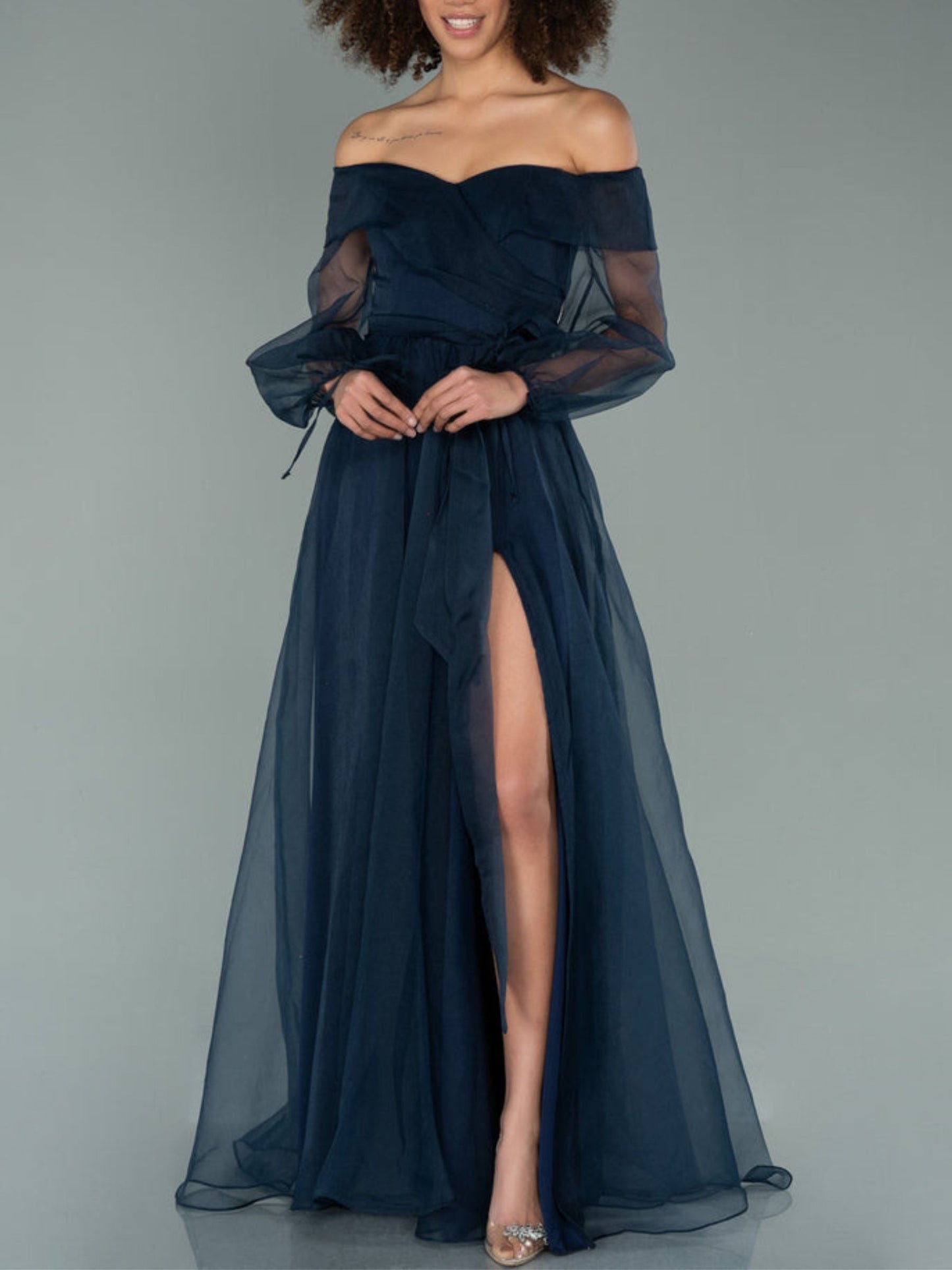 A-Line/Princess Off-the-shoulder Puff Long Sleeves Floor Length Evening Dresses with Slit