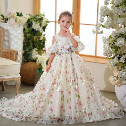 Off-the-Shoulder Rhinestone Belt Princess Flower Girl Party Dresses with Train