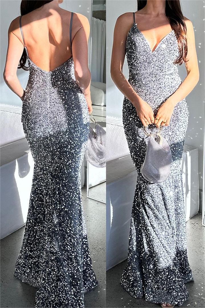 edgynewlook Glamorous Sequins Spaghetti Strap Sleeveless Mermaid Prom Dress with Beadings