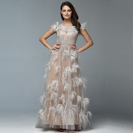 Okdais Feather Sequins Applique Prom Dress A Line Tulle LM0051