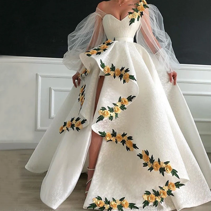 White yellow three-dimensional flower heart-shaped neckline long ball gown evening dress wedding dress gh993