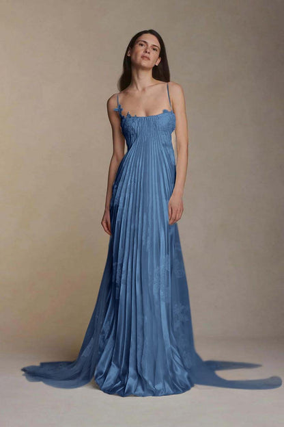 Stunning Spaghetti-Straps Pleated Sheath Appliques Prom Dress With Detachable Train XJ0176