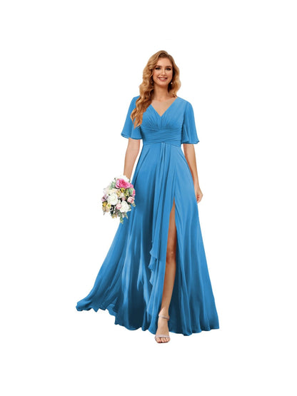 A Line/Princess  V Neck Short Sleeve Floor Length  Bridesmaid Dresses Chiffon with Slit