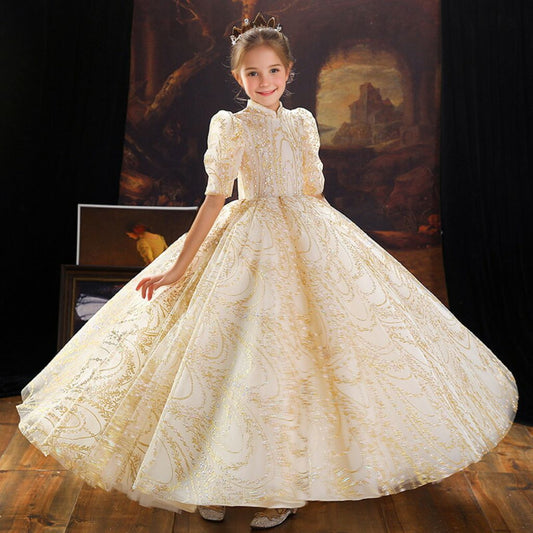 Ball Gown Half Sleeves High Neck Embroidery Flower Girl Dress for party with Crystal