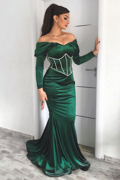 Prom Dress Off-The-Shoulder Green Long Sleeves Mermaid ED0618