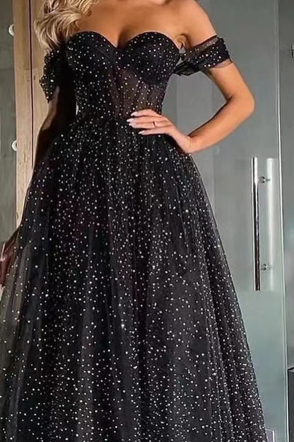 Black Off-The-Shoulder Sweetheart A-Line Beads Prom Dress With Tulle ED0266