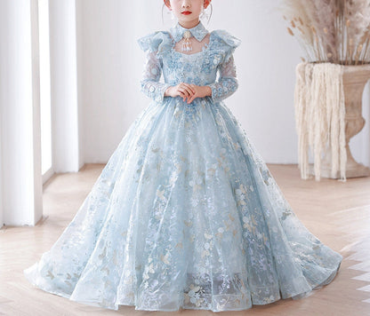 A-Line/Princess Long Sleeves Lace Girl Party Dress with Appliques & Train