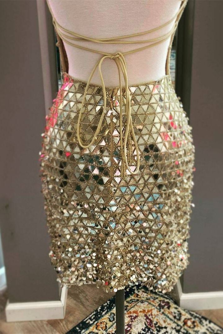 Gold Sequins Tight Short Homecoming Dress gh1216