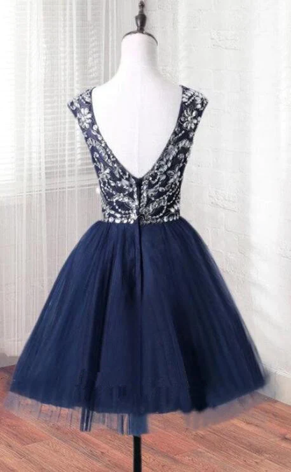 Short Tulle Beaded Dress Blue Knee Length Homecoming Dress, Cute Party Dress  gh496