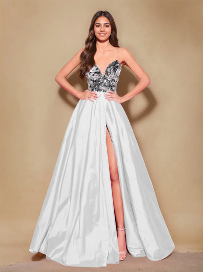 A-Line/Princess Spaghetti Straps Sleeveless Floor-Length Long Prom Evening Dress with Pleating & Split Side