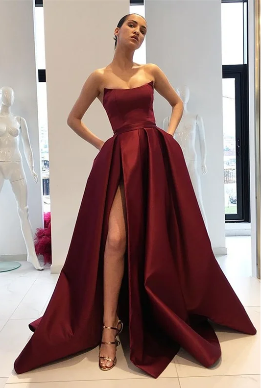 edgynewlook Strapless Burgundy Mermaid Prom Dress With Slit