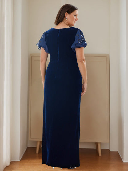 Sheath/Column V-Neck Short Sleeves Floor-Length Velvet Plus Size Mother of the Bride Dresses with Ruffles & Appliques