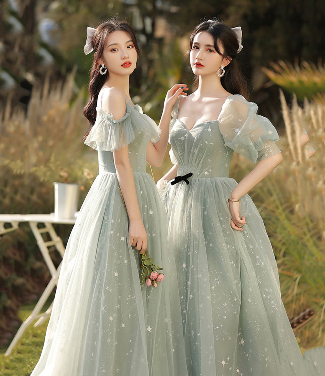 Green tulle long A line prom dress bridesmaid dress  8886