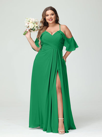 A-Line/Princess/Princess Spaghetti Straps Short Sleeves Chiffon Plus Size Bridesmaid Dresses with Pockets,Ruched Split Side