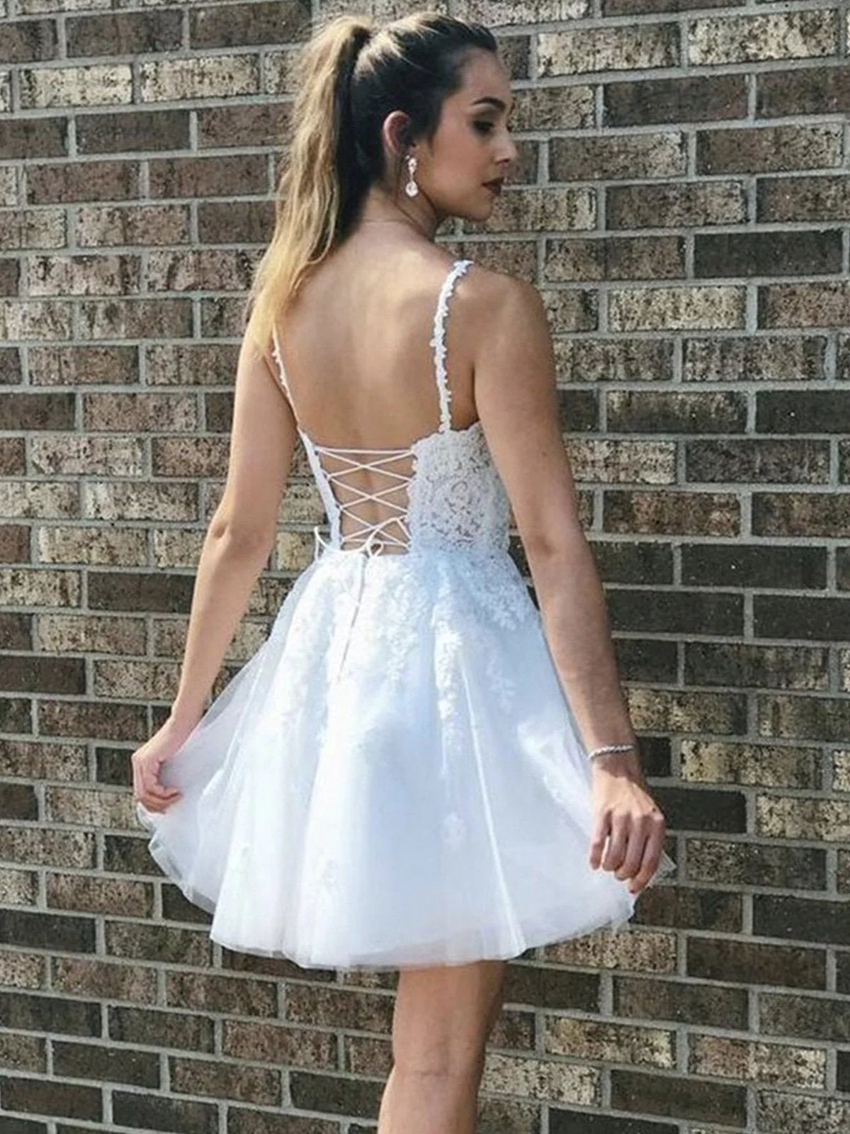 A Line V Neck Short White Lace Prom Dresses, Short White Lace Formal Homecoming Dresses gh1637