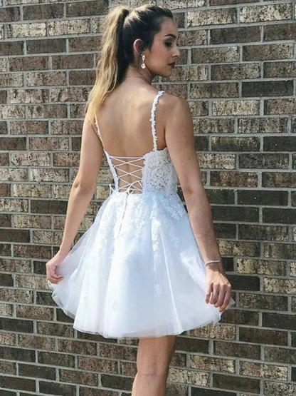 A Line V Neck Short White Lace Prom Dresses, Short White Lace Formal Homecoming Dresses gh1637