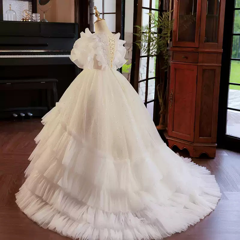 Ball Gown Ruffled Tulle Layered Flower Girl Party Dress with Rhinestone Appliques