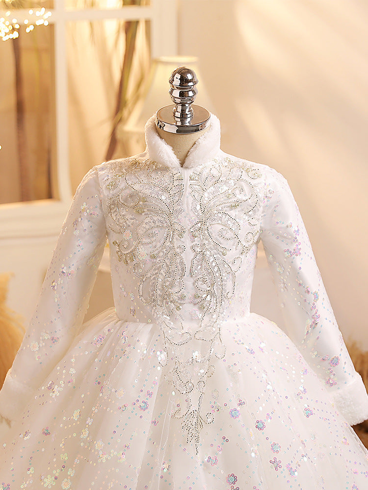 Long Sleeves Ball Gown Shinning Girl Winter Party Dress with Crystal Appliques