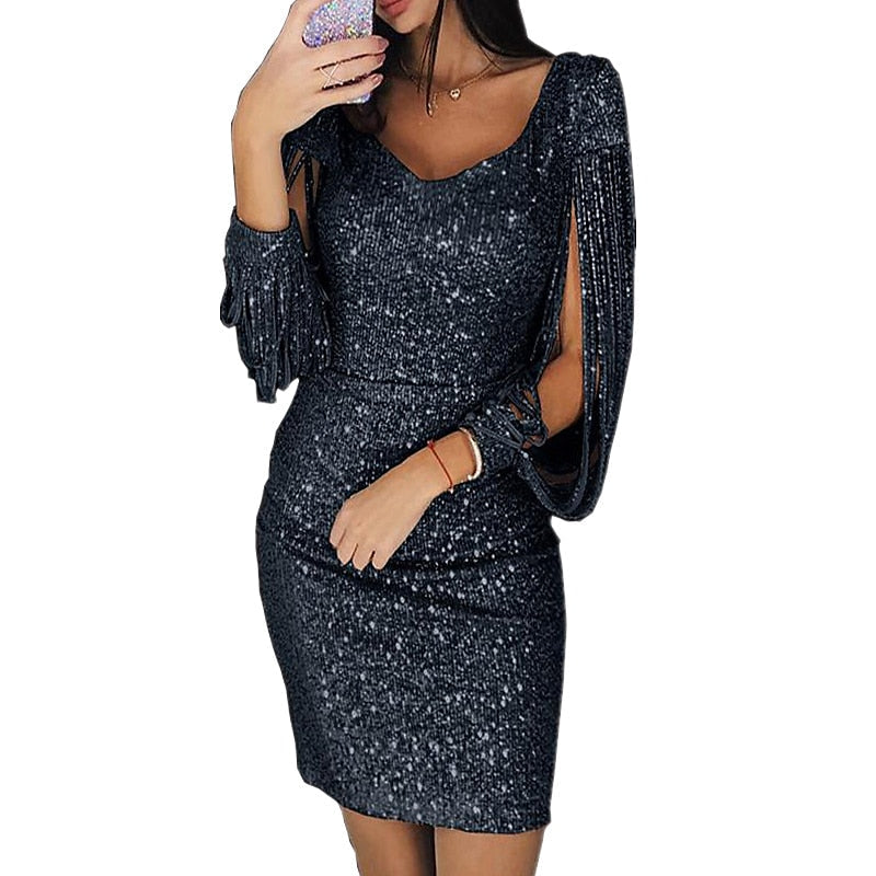 Sheath/Column V-Neck Long Sleeves Short/Mini Vintage Dress with Sequins & Tassel Fringe