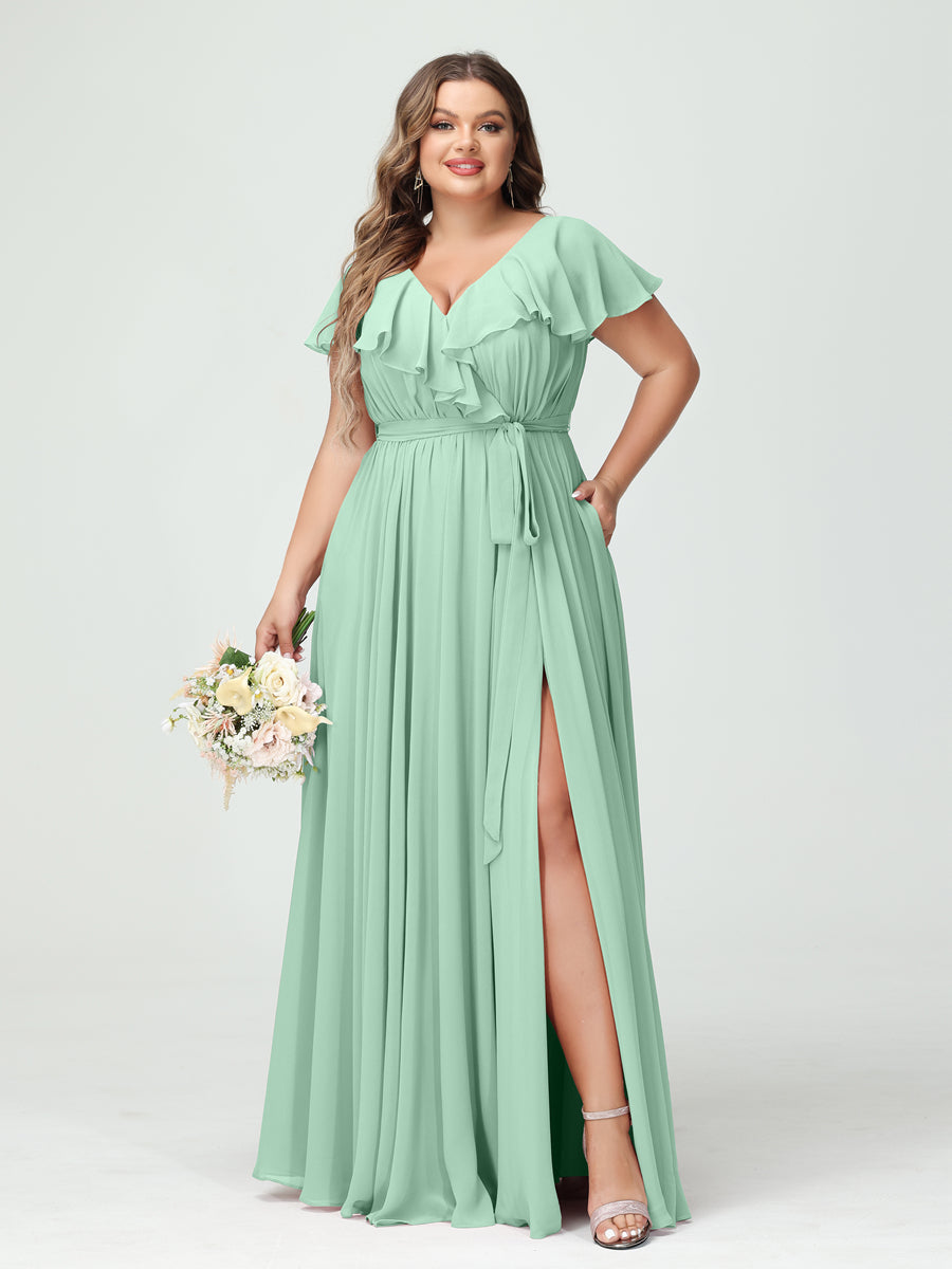 A-Line/Princess V-Neck Short Sleeves Chiffon Plus Size Bridesmaid Dresses With Pockets,Ruffles  ,Ruched & Split Side