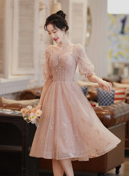 Lovely Pink Lace Short Sleeves Sweetheart Vintage Style Party Dress, Pink Homecoming Dresses gh59