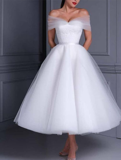 Ball Gown Off-the-Shoulder Tea-length Lace Wedding Dress