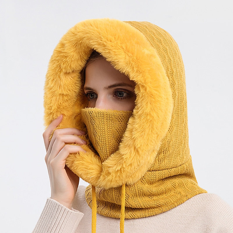 Women's High Quality Winter Hooded Knitted Cashmere Neck Warm Outdoor Ski Windproof Hat Thick Plush Fur Cap Mask Set