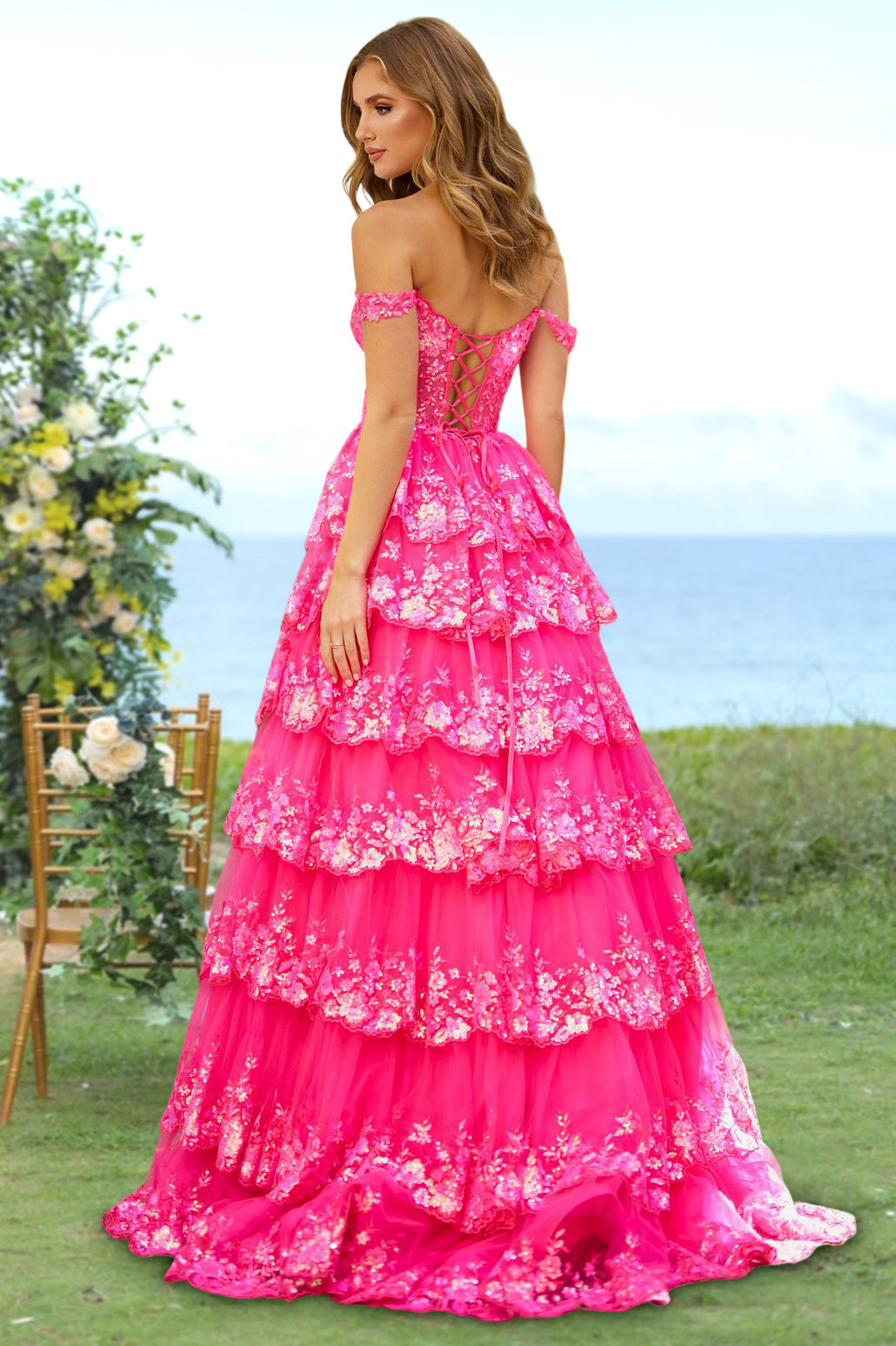 A-Line/Princess Sweetheart Off-the-Shoulder Long Prom Evening Party Floral Dresses with Sequins & Ruffles