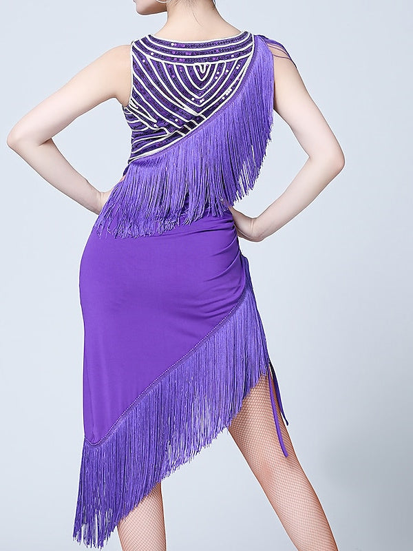 Women's Dancewear Latin Dance Dress Tassel Pure Color Splicing Performance Training Sleeveless