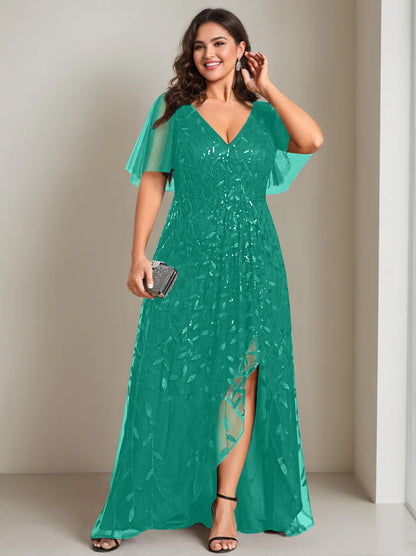 A-Line/Princess V-Neck Short Sleeves Asymmetrical Plus Size Mother Of The Bride Dresses with Sequins