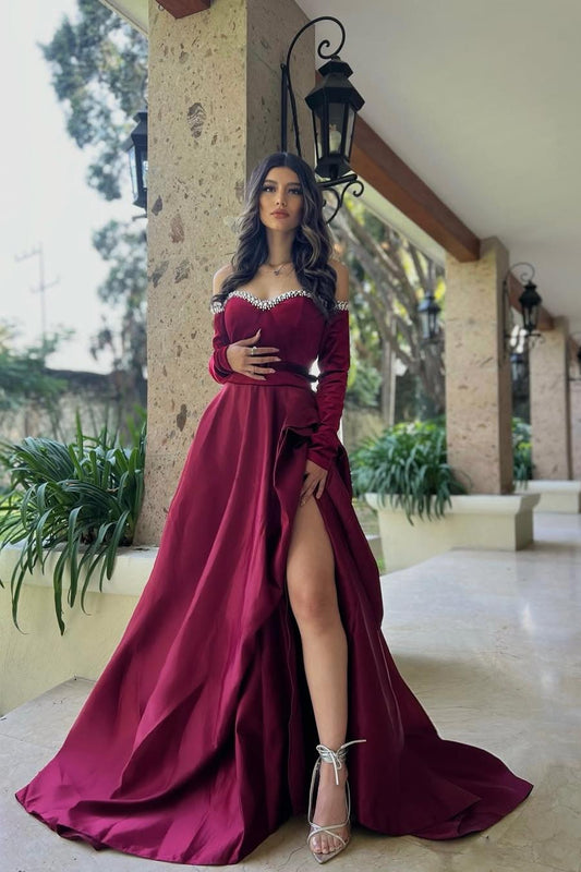 edgynewlook Beautiful Burgundy Satin Off the Shoulder Long Sleeves Split Prom Dress with Beadings