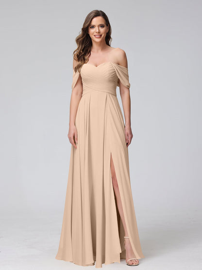 A-Line/Princess Off-the-Shoulder Sleeveless Floor-Length Bridemaid Dresses with Split Side & Ruched